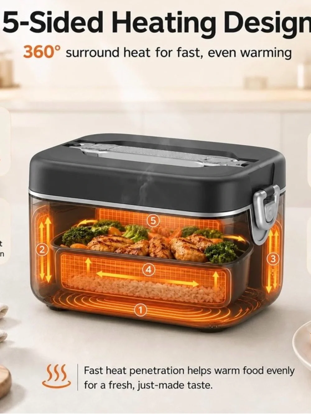 NEW - Heated Lunch Box for Adults, 1.2L Self-Heating Food Warmer, Black Cordless